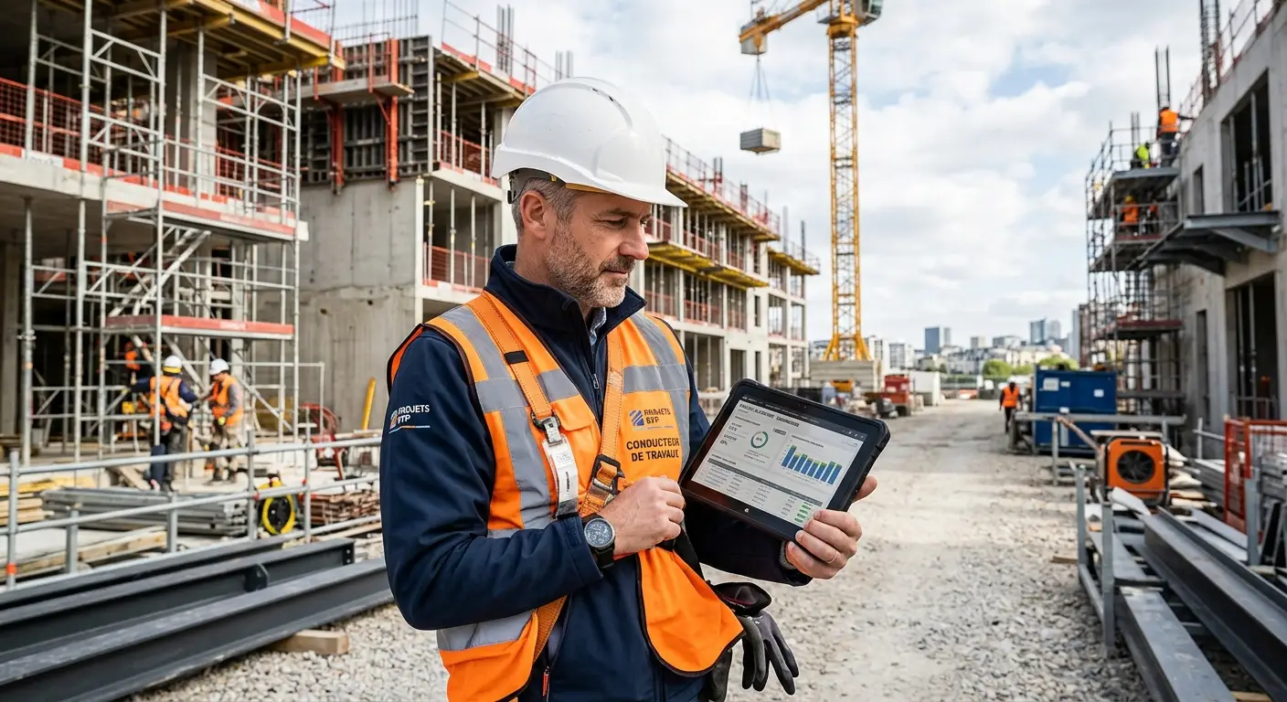 Conducteur de travaux utilisant un logiciel sur tablette